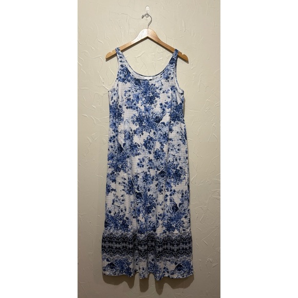 J. Jill Dresses & Skirts - J Jill blue floral print sleeveless 100% cotton midi dress (medium)